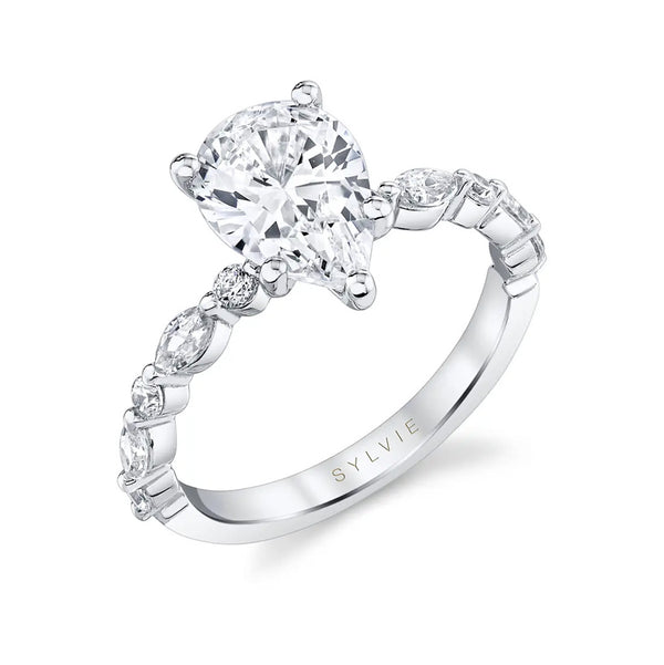 Pear Shaped Diamond Engagement Ring with Marquise Accent Band - 1
