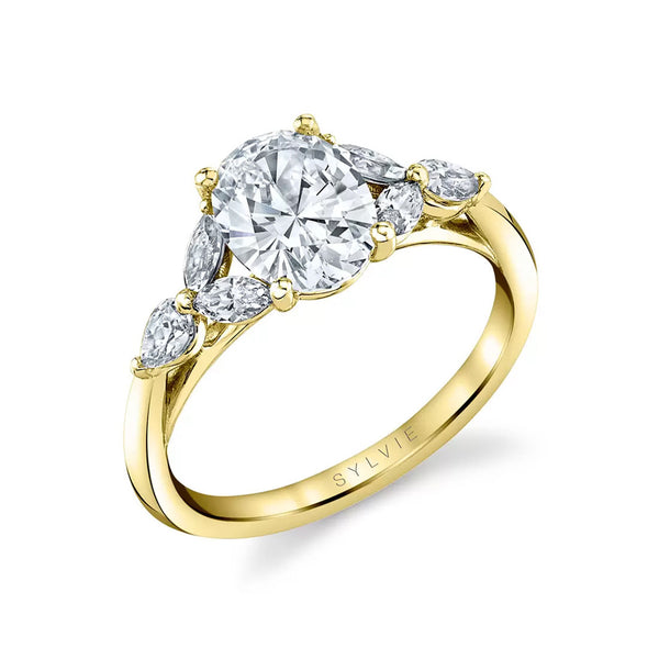 Yellow Gold Oval Diamond Engagement Ring with Marquise and Pear Side Stones - 1