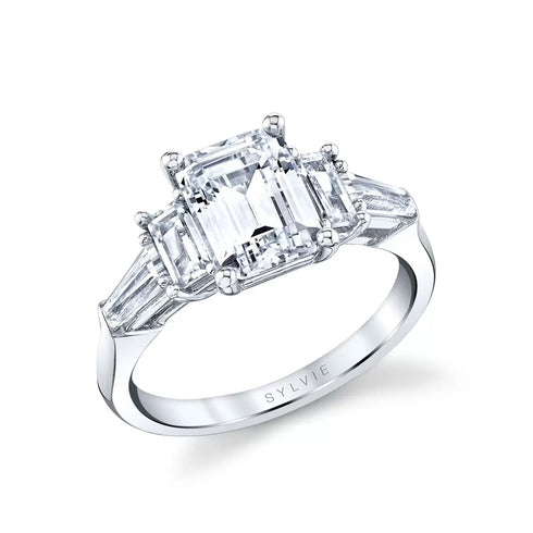 Emerald Cut Diamond Engagement Ring with Tapered Baguette Side Stones - 1