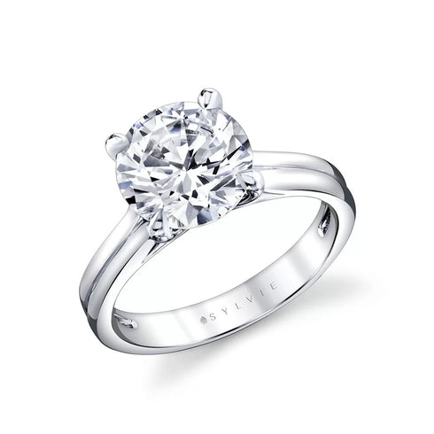 Round Diamond Solitaire Engagement Ring with Wide Grooved Band - 1