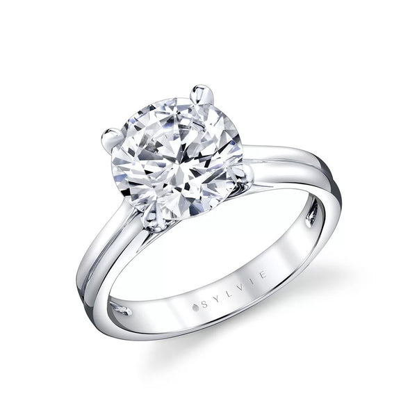 Round Diamond Solitaire Engagement Ring with Wide Grooved Band - 1