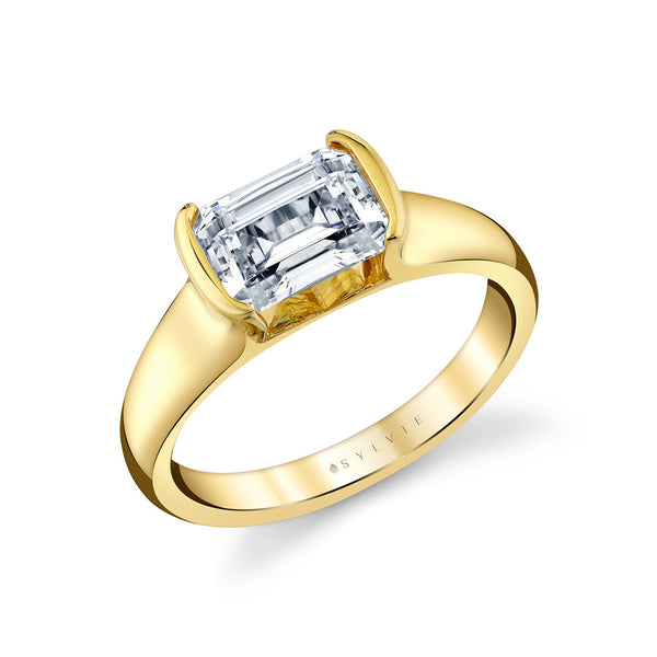 Yellow Gold East-West Emerald Cut Half Bezel Engagement Ring - 1