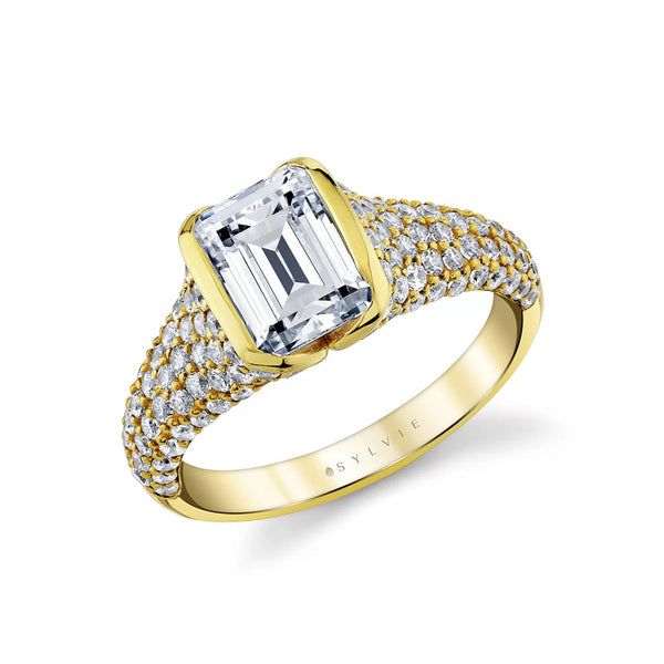 Yellow Gold Emerald Cut Half Bezel Engagement Ring with Micro-Pavé Band - 1