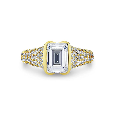 Yellow Gold Emerald Cut Half Bezel Engagement Ring with Micro-Pavé Band - 3