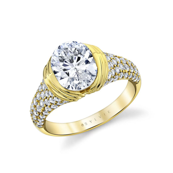 Yellow Gold Oval Diamond Engagement Ring with Wrap Detail and Pavé Band - 1