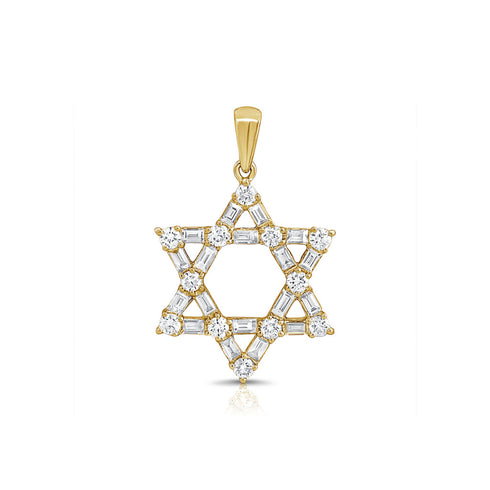 Round & Baguette Diamond Star Of David Pendant In Yellow Gold - 1