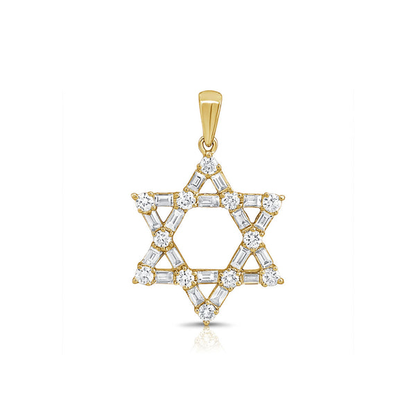 Round & Baguette Diamond Star Of David Pendant In Yellow Gold - 1