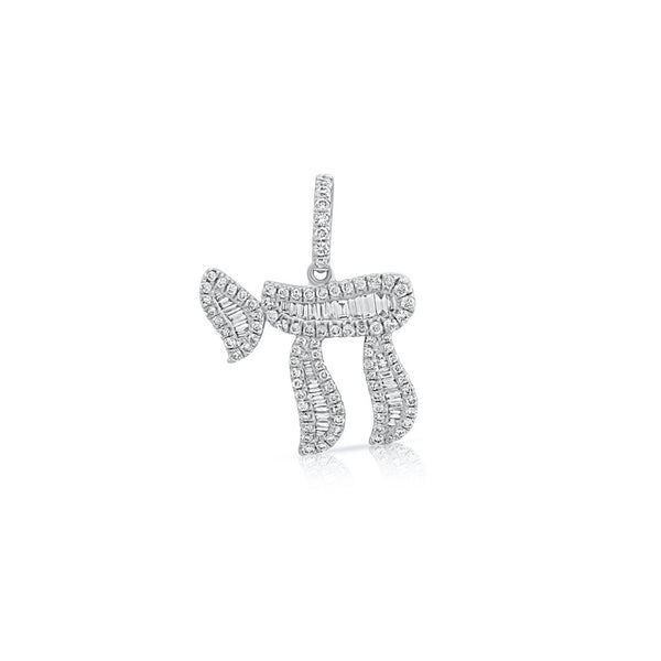 Round & Baguette Diamond Chai Pendant In White Gold - 1