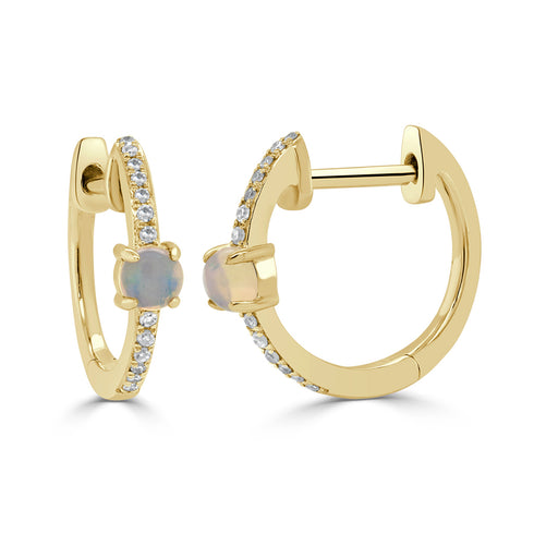 14K Gold Opal & Diamond Huggie Earrings - 1