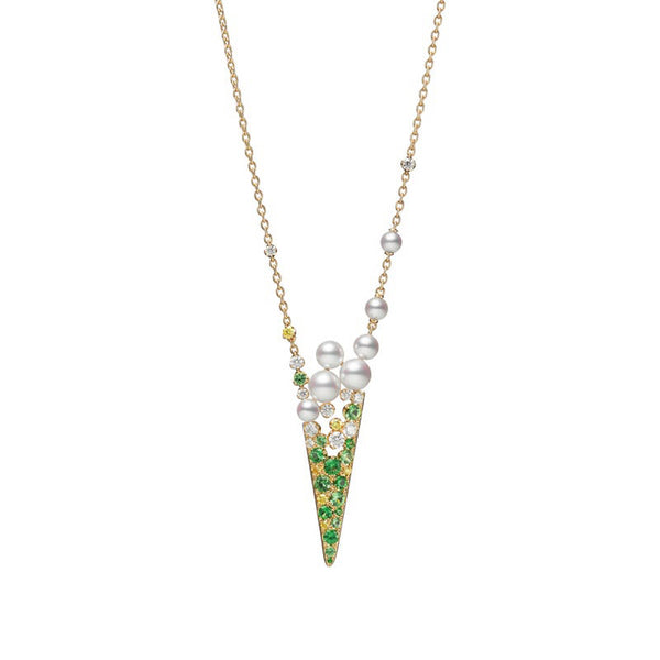 V Code Akoya Cultured Pearl Diamond and Garnet Pendant in 18K Yellow Gold - 1