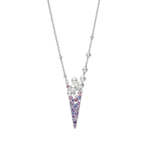 V Code Akoya Cultured Pearl Sapphire Pendant in 18K White Gold - 1