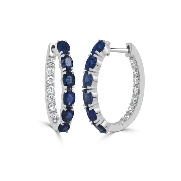 14K Gold Oval Sapphire and Diamond Inside Hoop Earrings - 1