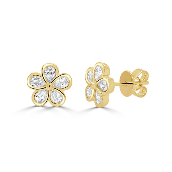 14K Gold Diamond Pear Shape Flower Bezel Earring - 1