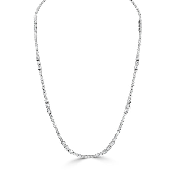 14K Gold Diamond Emerald Cut & Round Tennis Necklace - 4.27 CT - 1