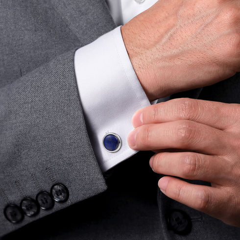 Contemporary 925 Sterling Silver Round Lapis Cufflinks - 3