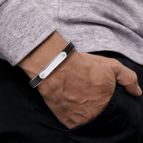 Contemporary 925 Sterling Silver and Leather ID Cuff Bracelet - 5