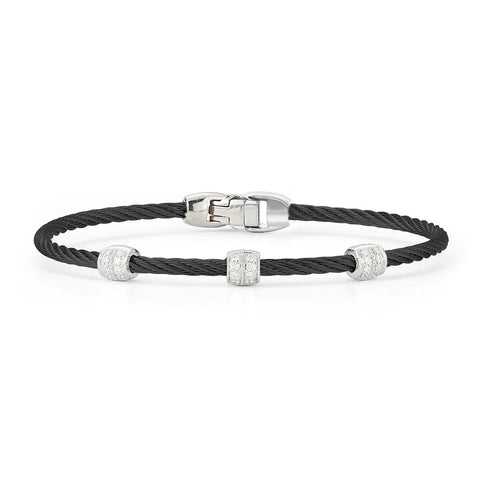 Black Cable Triple Station Stackable Bracelet with 18k White Gold &amp; Diamonds - 1