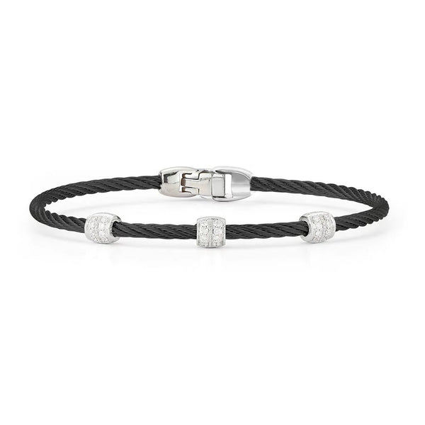 Black Cable Triple Station Stackable Bracelet with 18k White Gold &amp; Diamonds - 1