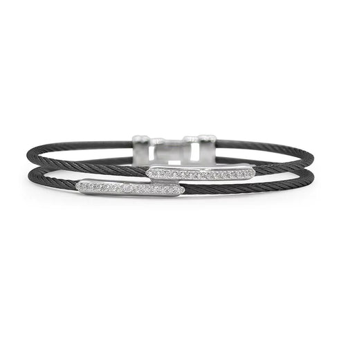 Black Cable Dual Channel Bar Bracelet with 18k White Gold &amp; Diamonds - 1