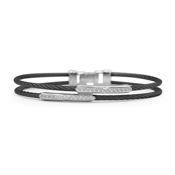 Black Cable Dual Channel Bar Bracelet with 18k White Gold &amp; Diamonds - 1