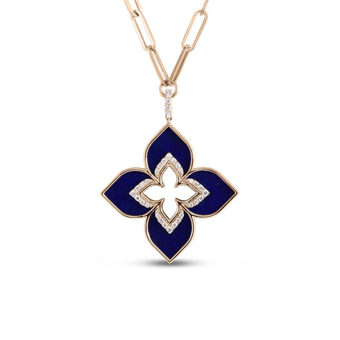 Venetian Princess Flower Paperclip Round Diamond And Lapis Pendant - 1