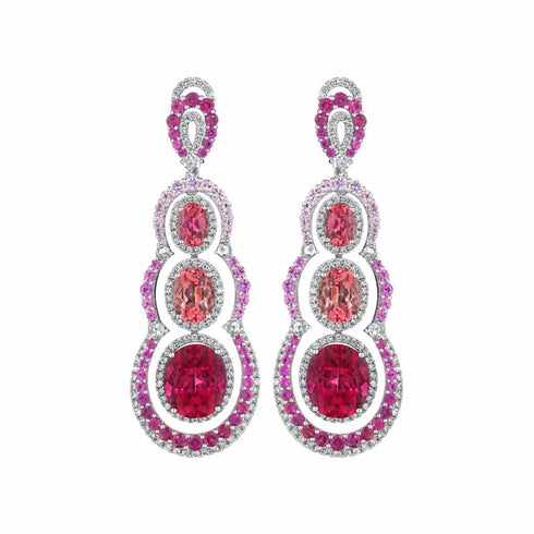 Graduated Halo Cluster Dangle Pink Tourmaline And Ruby Earrings - 1