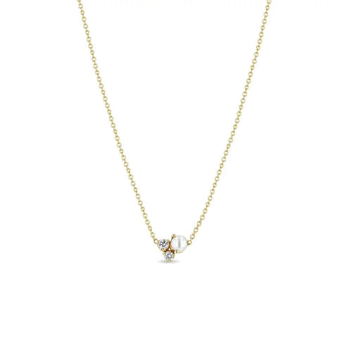 Mixed Prong Diamond &amp; Pearl Cluster Necklace - 1