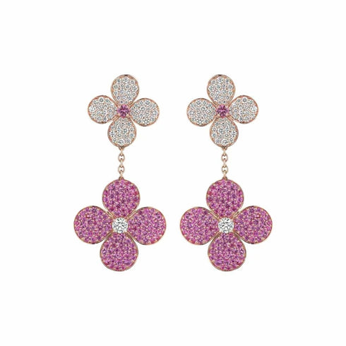 Double Flower Cluster Dangle Pink Sapphire And Diamond Earrings - 1