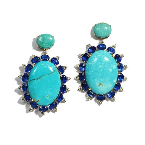 Sole Halo Oval Dangle Turquoise And Kyanite Earrings - 1