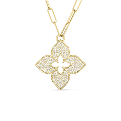 Venetian Princess Pave Flower Diamond Paperclip Pendant - 1