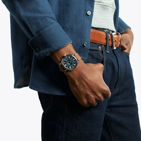 Mens Watch Midnight Blue Dial British Tan Leather Strap The Traveler Subsecond 42mm Watch - 2