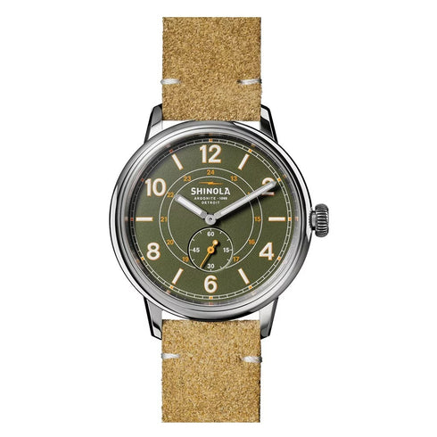 Mens Watch Olive Green Dial Natural Leather Strap The Traveler Subsecond 42mm Watch - 1
