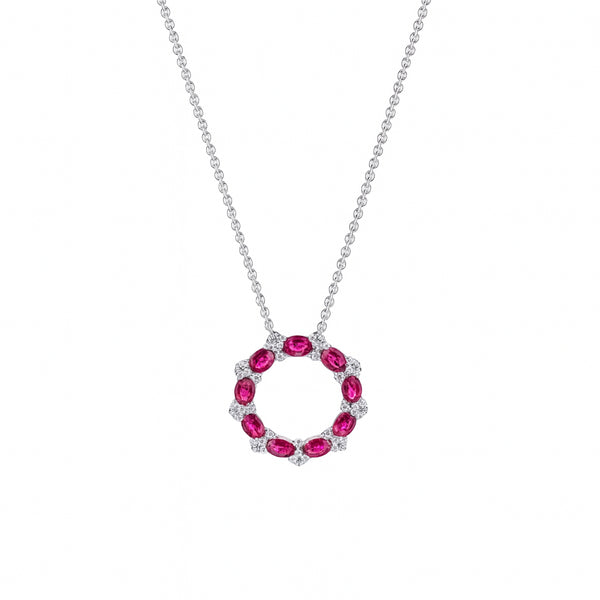 White Gold Pink Sapphire & Diamond Circle Pendant Necklace - 1