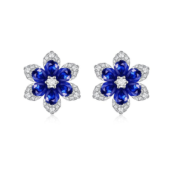 Flower Pave Stud 15mm Diamond And Blue Sapphire Earrings - 1