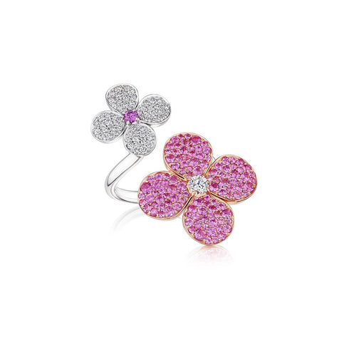 Split Band Double Flower Pave Pink Sapphire And Diamond Ring - 1