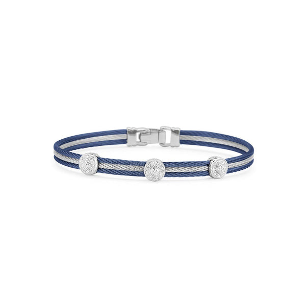 Blueberry &amp; Grey Cable with Triple Round Diamond Station Bracelet - 1