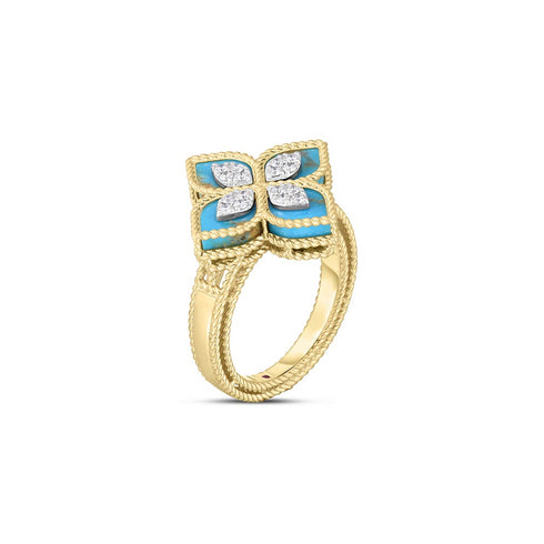 Gold Venetian Princess Diamond &amp; Turquoise Flower Ring - 1