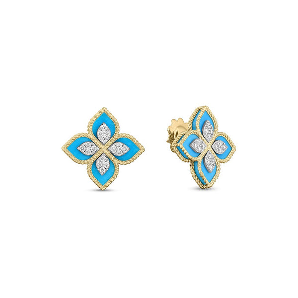 Gold Venetian Princess Diamond &amp; Turquoise Flower Earrings - 1