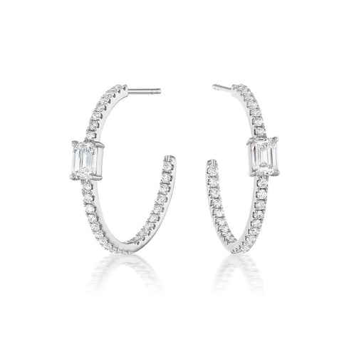 Hoop Emerald Cut Diamond Earrings - 1