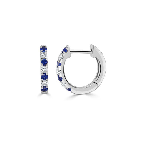 Alternating Diamond &amp; Blue Sapphire Huggie Earrings - 1