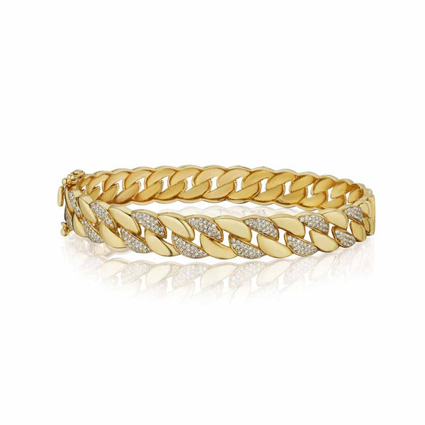 Yellow Gold Curb Link Bracelet With 0.56ctw Round Diamonds Bangle - 1