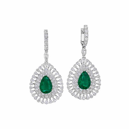 White Gold Emerald Dangle with Multi-Shaped Diamonds Earrings - 1