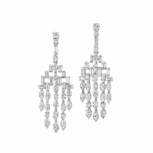 White Gold Chandelier Dangle With 12.95ctw Round And Baguette Diamonds Earrings - 1