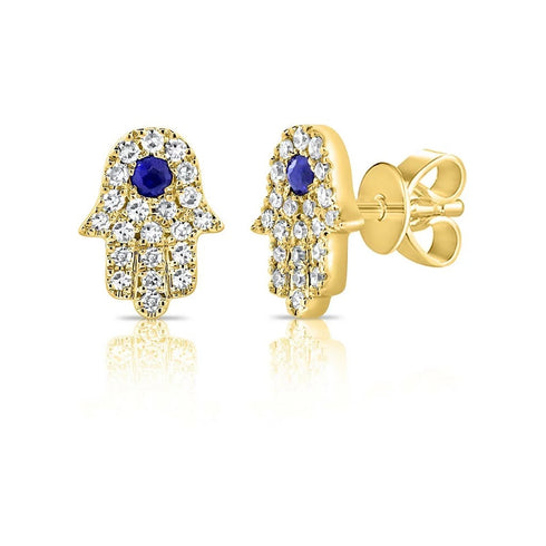 Hamsa Pave Stud Diamond And Blue Sapphire Earrings - 1