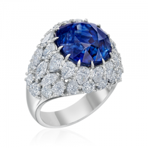 Platinum Cushion Cut Blue Sapphire and diamond ring featuring over 5 carats combined