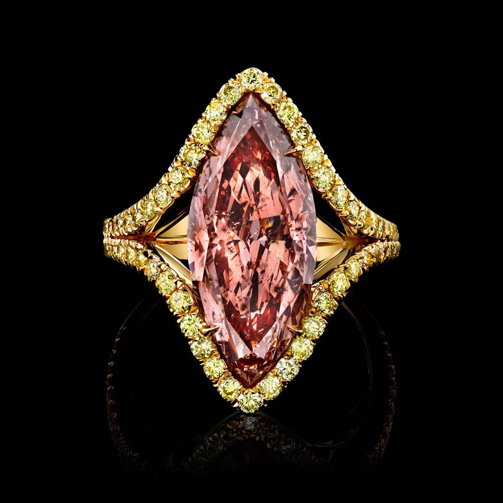 Marquise Cut Fancy Intense Orangy Pink Diamond Ring Houston